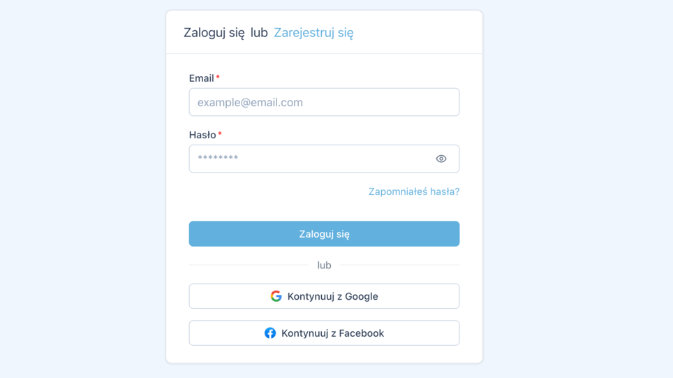 Formularz rejestracji z opcjami logowania przez e-mail, Google i Facebook