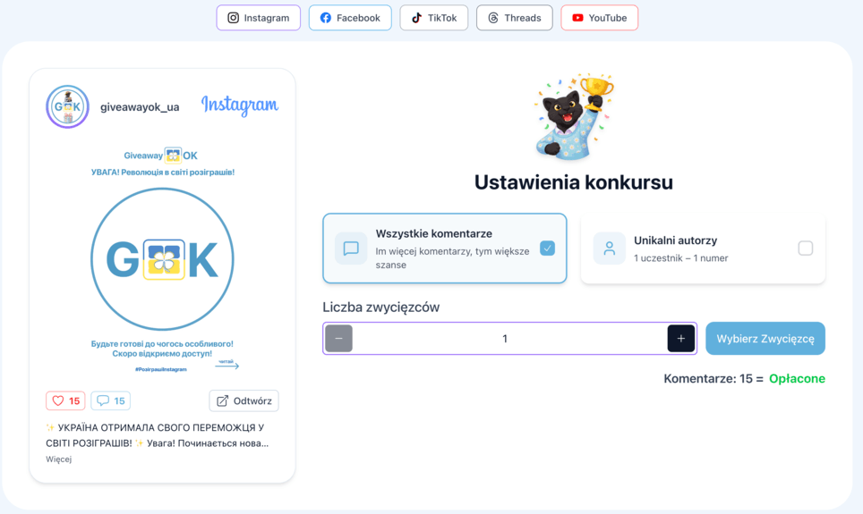 Ustawienia losowania: liczba zwycięzców i typ komentarzy