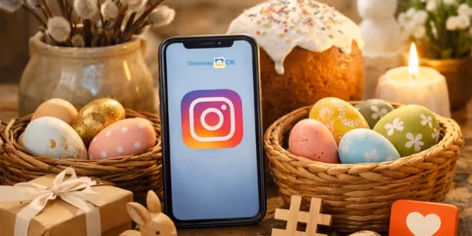 Затишна весняна композиція з вербою та крашанками, що ілюструє ідею проведення емоційного конкурсу в Instagram до Великодня.