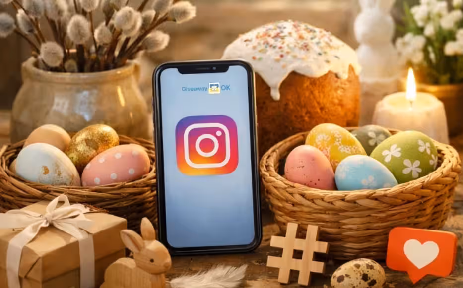 Затишна весняна композиція з вербою та крашанками, що ілюструє ідею проведення емоційного конкурсу в Instagram до Великодня.