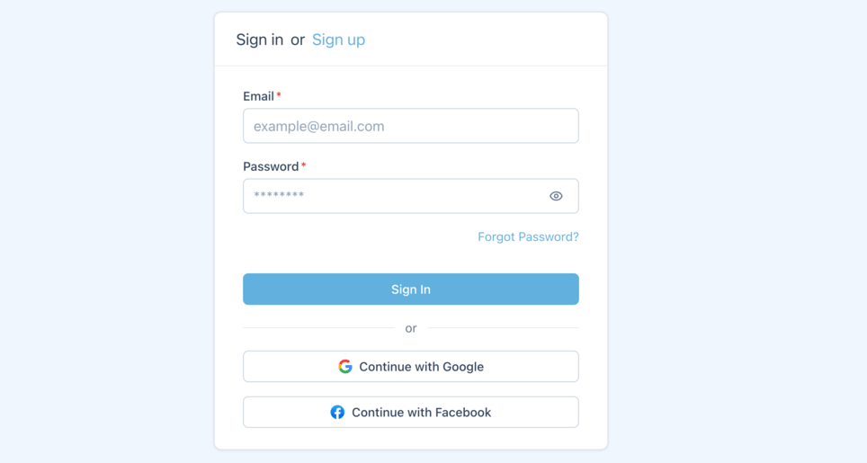 Registration form with login options via email, Google and Facebook